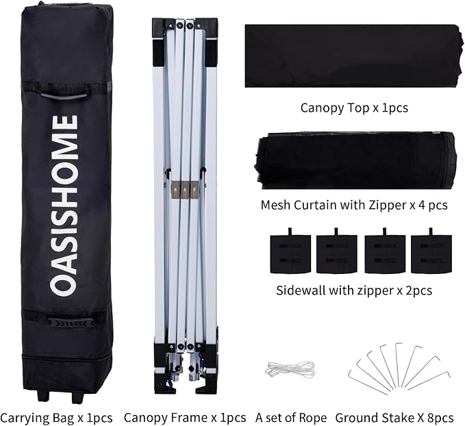 OASISHOME 10'x10' Pop-Up Gazebo Canopy Tent with Netting Sidewalls & Wheeled Bag,Weight Bag, Stakes, Ropes, Waterproof, UV Protection, Heavy-Duty Steel Frame for Backyard/Outdoor/Parties(Black)
