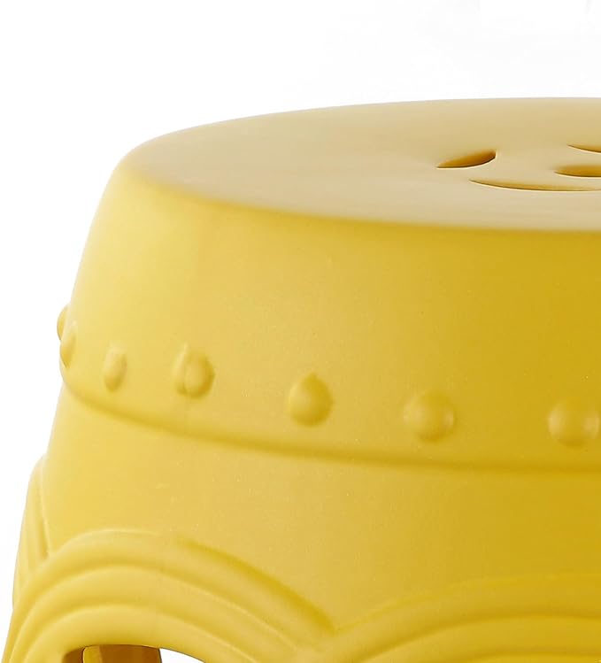 JONATHAN Y TBL1022E Lucky Coins 16" Chinese Ceramic Drum Indoor/Outdoor Garden Stool Bohemian, Coastal, Cottage, French Country, Traditional, for Living Room, Garden Room, Patio, Matte Yellow