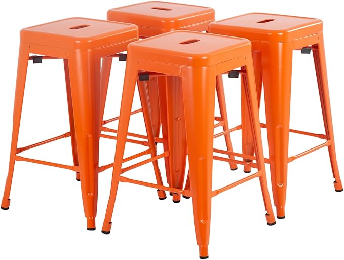 FDW Metal Bar Stools Set of 4 Counter Height Bar Stools 24 Inches Industrial Bar Chairs Patio Stool Stackable Backless Stool Indoor Outdoor Metal Kitchen Stools Bar Chairs (Orange, 24")