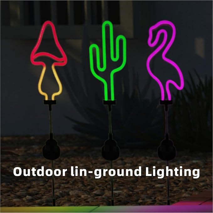 Flamingo Cactus and Mushroom Solar Garden Stake Lights Outdoor Waterproof Neon Lights Decoration,Outdoor Solar Pink Flamingos Lights for Outside,Yard,Pathways,Patio, Lawn or Landscaping Decor(3pcs)