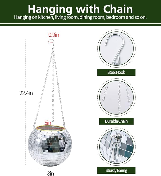 Disco Ball Planter, 8" Silver Disco Ball Planter, Disco Ball Plant Hanger with Hanging Rope, Hanging Chain, Hook, Circle and Extra Mirror Pieces