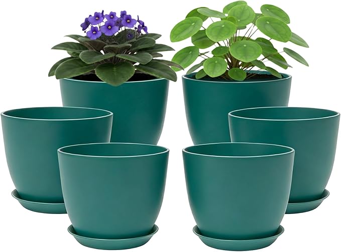 Plant Pots 8 Inch Set of 6, Flower Pots with Drainage Holes and Saucer, Plastic Garden Planters for Indoor & Outdoor Plants (Deep Green)