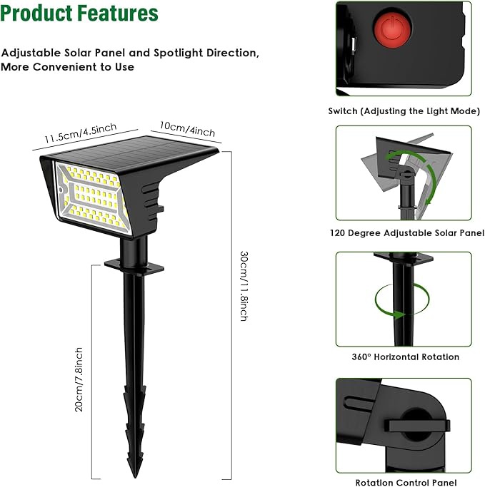 Solar Spot Lights Outdoor with 60 LED & Auto On/Off, 6 Pack Solar Lights Outdoor Waterproof IP68 with 3 Lighting Modes, 2-in-1 Solars Landscape Light for Outside, Garden, Yard(Cool White)
