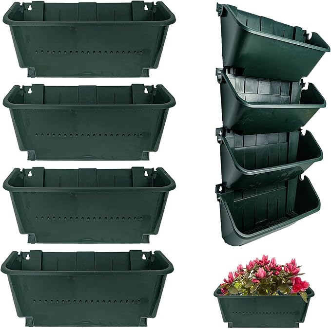 Self-Watering Wall Mounted Planter Set, Indoor and Outdoor Vertical Planter, Stackable Wall Mounted, for Balcony Decoration(Blackish Green 4 Pack)