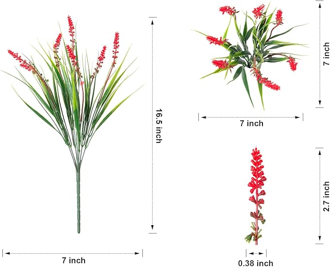 HyeFlora Artificial Fake Flowers Outdoor Plants for Summer Decoration,10 Bundles Faux Plastic Tall Monkey Grass Greenery UV Resistant Realistic Lavender for Home Planter Window Porch Garden-Red