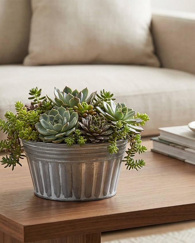 vensovo 9 Inches Silver Metal Rustic Plant Pots - 4 Pcs Large Shallow Galvanized Planters with Drain Hole and Rubber Plug, Rustproof Tin Bucket Succulent Pot Indoor Farmhouse Vintage Style for Decor