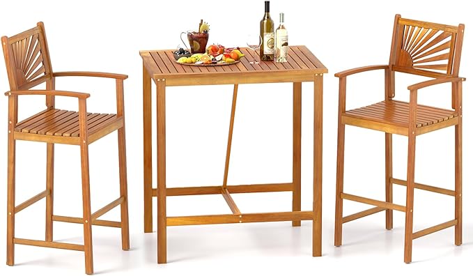 Tangkula 3 Piece Patio Bar Table & Chairs, Outdoor Acacia Wood Bar Set w/Slatted Seat & Tabletop, Wood Dining Bar Set w/Backrest, Armrests & Footrest for Backyard, Poolside, Balcony