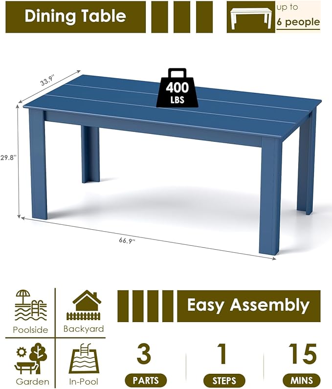 GREENVINES Outdoor Dining Table | 67’’ | HDPE | Rectangle Tables for 6 | All-Weather | Umbrella Hole | Patio Furniture | for Poolside Backyard Garden | Blue