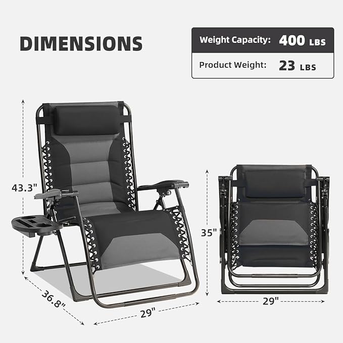 Zero Gravity Chair Oversized Padded Recliner with Adjustable Headrest & Cup Holder - XL 600D Oxford Folding Lounge Chair for Outdoor Camping, Patio, Poolside (Black & Gray)