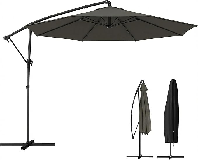 Outsunny 10 ft Offset Patio Umbrella with Cover, Round Hanging Cantilever Umbrella with 6-Position 360° Rotation, Crank Handle, Tilt, Cross Base, Heavy Duty Outdoor Umbrella for Garden
