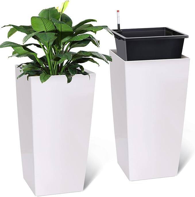 30 Inch Tall Self Watering Planters Set of 2, Outdoor Plant Pots with Automatic Watering System, Water Level Monitor, Drainage, Wheels & Inner Bucket, for Front Porch & Indoor Plants White