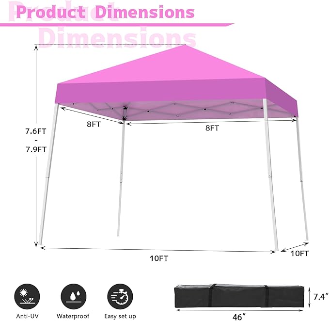 Canopy Tent, 10X10 FT Pop Up Canopy Outdoor Instant Tent Slant Legs with Carrying Bag, Portable Gazebo Shelter for Patio Deck Garden and Beach - 8X8 FT Canopy Cover (Pink)