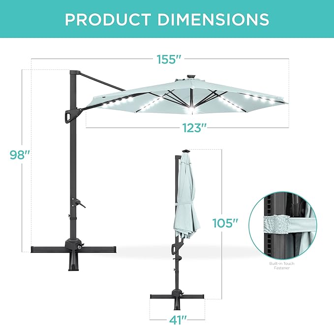 Best Choice Products 10ft Solar LED Cantilever Patio Umbrella, 360-Degree Rotation Hanging Offset Market Outdoor Sun Shade for Backyard, Deck, Poolside w/Lights, Easy Tilt, Cross Base