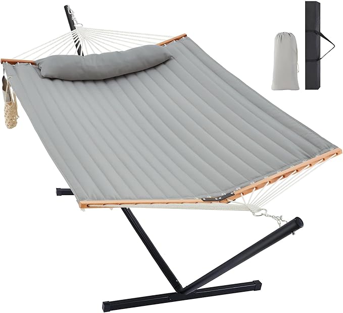 Two Person Hammock with Stand for Outside Heavy Duty, Outdoor Patio Hammock with Portable Steel Stand, Large Double Hammocks,480lbs Capacity.(Middle Grey)