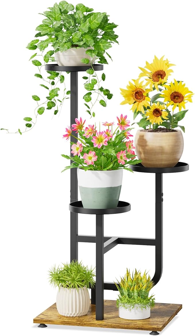 iDavosic.ly 3 Tier Plant Stand Indoor, Corner Tiered Multiple Flower Holder Shelf with Metal Trays, Orchid Display Wooden Rack for Patio Porch Living Room Balcony Outdoor, Modern Black & Rustic Brown