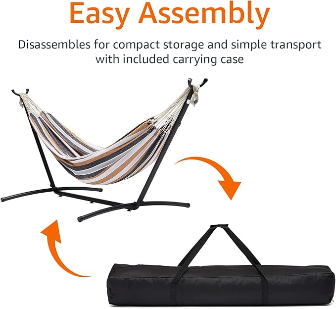 Amazon Basics Double Portable Hammock with Space Saving Steel Stand and Carrying Case, 2 Person, 470lb Capacity, Multi Color, 118" x 46" x 39"