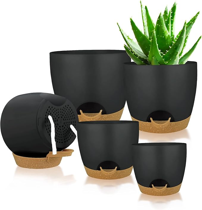 Self Watering Planters with Drainage Holes Reservoir,Nursery Planting Pot for Indoor Decor Garden Plants Succulents,Snake Plant, African Violet,Plastic Flower Pots Set 7+6.5+6+5.5+5 Inch (Black)
