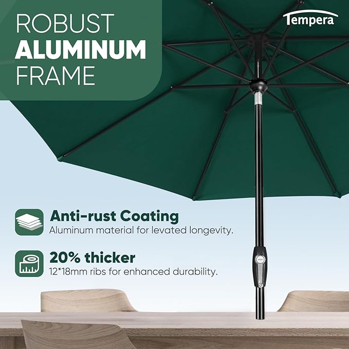 Tempera Patio Market Outdoor Table Umbrella with Auto Tilt and Crank, Large Sun Umbrella with Sturdy Pole & Fade Resistant Canopy, Easy to Set