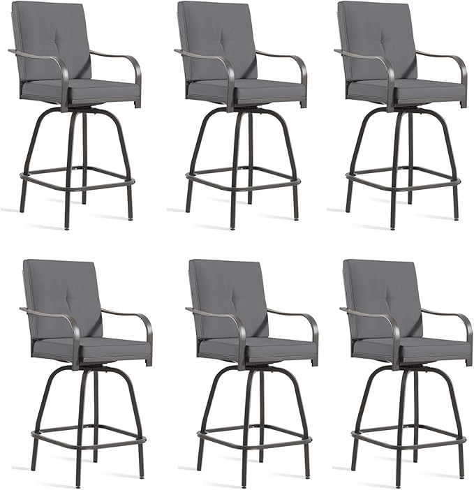 Patio Swivel Bar Stools Set of 6, Outdoor Bar Height Swivel Chairs with Cushions for Garden Balcony Backyard, Grey