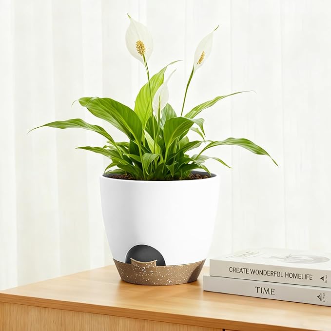 Plant Pots 8/7.5/7/6.5/6 Inch Self Watering Pots,5 Pack Planters with Drainage Holes and Saucers,Plastic Flower Pots,Nursery Planters for Indoor Outdoor Plants (White)