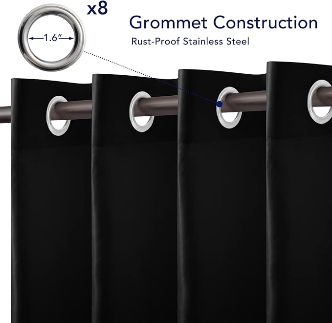 PureFit Outdoor Curtains for Patio Waterproof Weatherproof, UV Resistant Outside Curtains for Gazebo, Front Porch, Pergola, Sun Blocking Privacy Curtain, 52W x 108L inch, 1 Panel, Black
