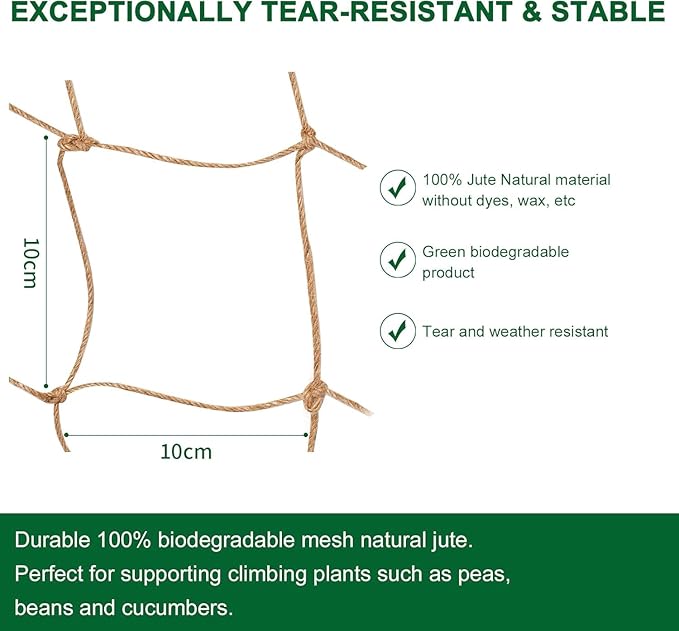 Jute Trellis Netting - Jute Netting for Garden, Heavy Duty Plant Support Netting for Climbing Plants, Cucumber, Vine, Fruits & Vegetables, Climbing Vining Plants (6.6 Ft x 32.8 Ft, 3.9 Inch Squares)