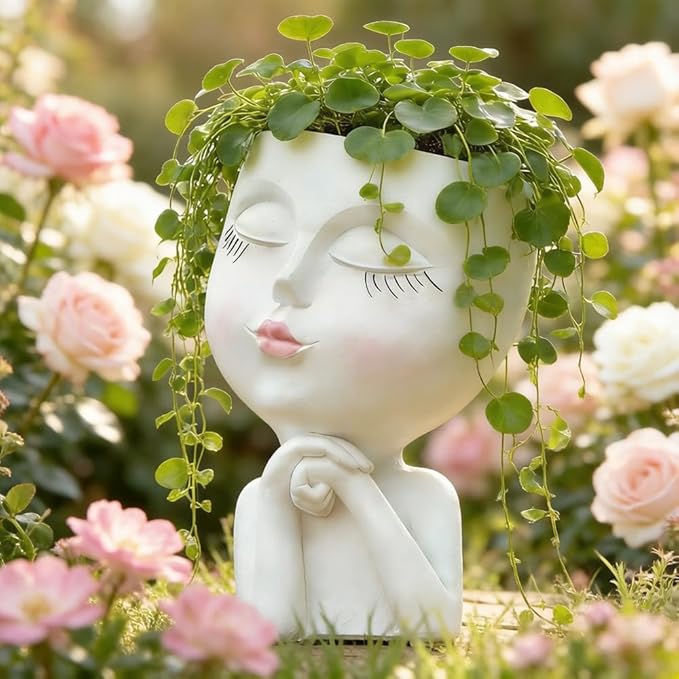 Face Planter, Head Planter, Plant Pots Indoor, Plant Pot for Home Decor, Flower Pots with Drainage, Cute Planters for Women, Succulent Pots, Face Flower Pot(7.2 Inch)