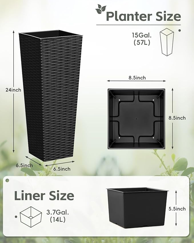 Greesum 24 Inch Tall Plastic Planters (Set of 2), Detachable Inner Pot & Drainage Holes, Outdoor Decorative Flower Pots for Large Plants, Trees, Patio, and Garden, Black