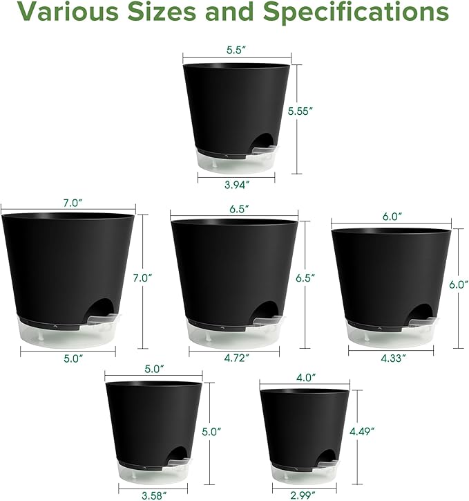 GARDIFE 2026 Upgraded Self Watering Plant Pots with Drainage Hole, 7/6.5/6/5.5/5/4 Inch Flower Planting Containers for House Plants, African Violet, Flowers, Cactus (Black, 7+6.5+6+5.5+5+4 inch)