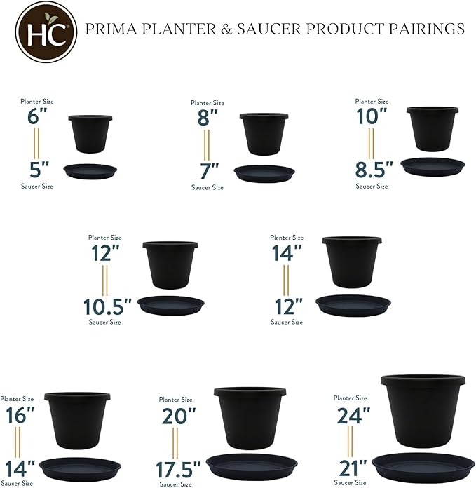 The HC Companies 16 Inch Round Prima Planter - Plastic Plant Pot with Rolled Rim for Indoor Outdoor Plants Flowers Herbs, Black
