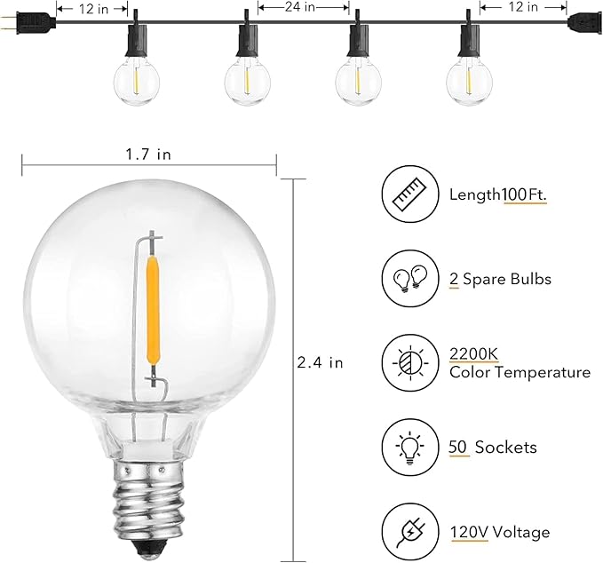 Brightown Outdoor String Lights, 100FT 50+2 G40 Bulbs Shatterproof Patio Lights, IP65 Waterproof Dimmable Hanging Connectable Globe LED Outdoor Lights for Backyard, Bistro, Porch, Deck, Balcony
