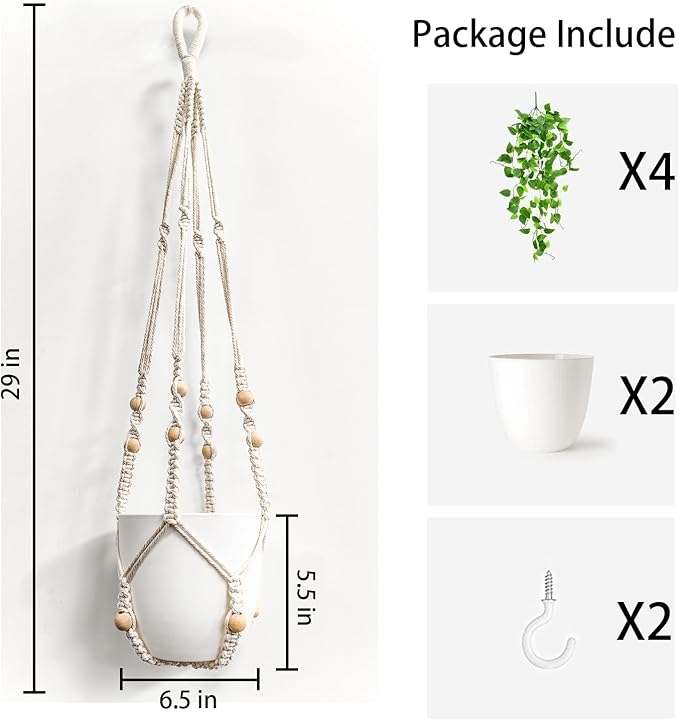 Comtelek 2 Packs Fake Hanging Plant with Pots for Home Decor Artificial Hanging Basket Plants Macrame Plant Hanger with Faux Vines Greenery for Bedroom Bathroom Room Wall Boho Decor Indoor Outdoor