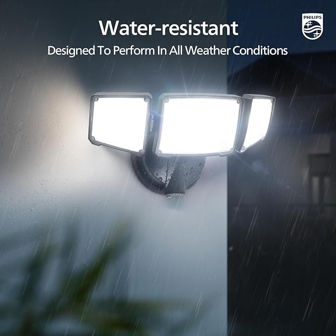 Philips 72W 7400LM LED Flood Lights Outdoor, Switch Controlled Aluminum Security Lights, 3 Adjustable Heads, Wall Mount, 5000K Daylight, Waterproof for Yard, Garage (2 Packs)