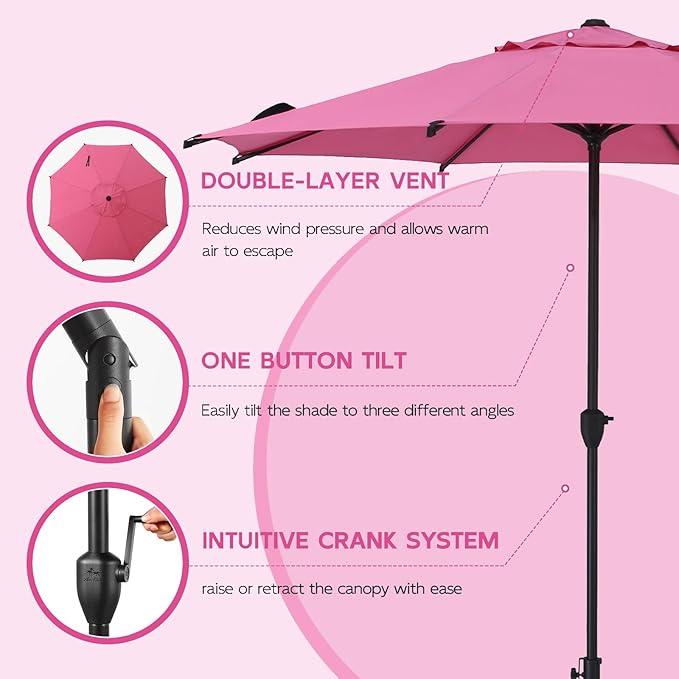 Abba Patio 9FT Lyon Outdoor Patio Umbrella Outdoor Table Umbrella with Crank Market Umbrella 8 Sturdy Ribs UV Protection Waterproof and Push Button Tilt for Garden Deck Backyard Pool,Pink
