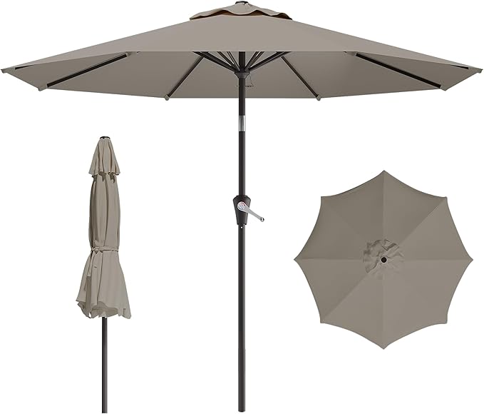 AreShark 9 FT Patio Umbrella for Outdoor, Outdoor Umbrella with Push Button Tilt and Crank, Outdoor Patio Umbrellas with 8 Sturdy Ribs for Market, Garden, Deck, Backyard, Pool (Mist Gray)