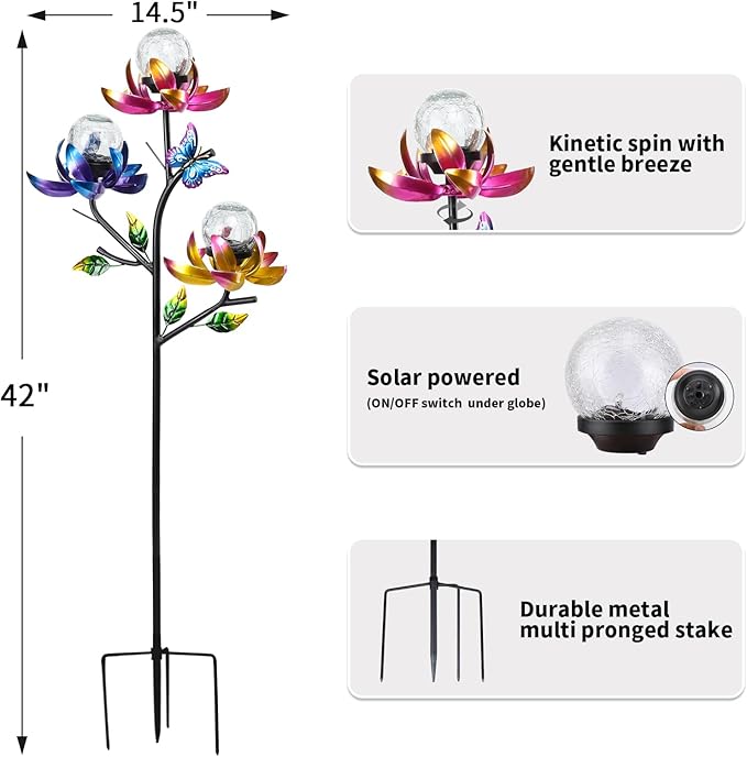 Solar Lights Outdoor Decorative Lotus Flowers Wind Spinner Garden Stake with LED Crackle Balls Solar Wind Sculpture Yard Art Decor for Patio, Lawn & Garden