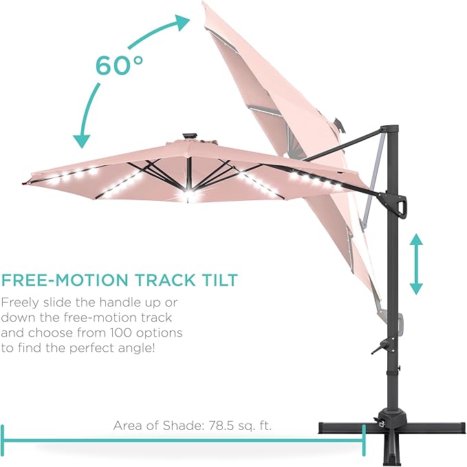 Best Choice Products 10ft Solar LED Cantilever Patio Umbrella, 360-Degree Rotation Hanging Offset Market Outdoor Sun Shade for Backyard, Deck, Poolside w/Lights, Easy Tilt, Cross Base