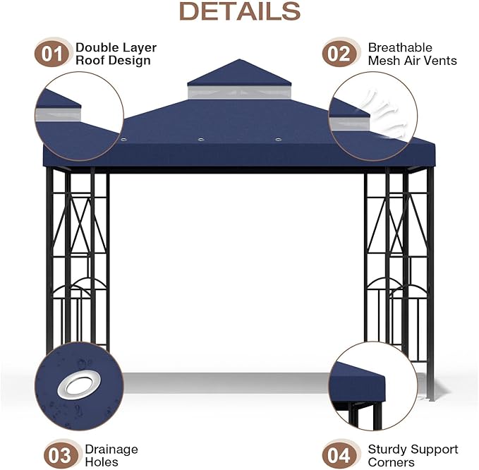 10x10 Canopy Replacement Top Double Tiered Gazebo Cover for Yard, Patio & Garden Durable Sunshade Replacement (Navy Blue)