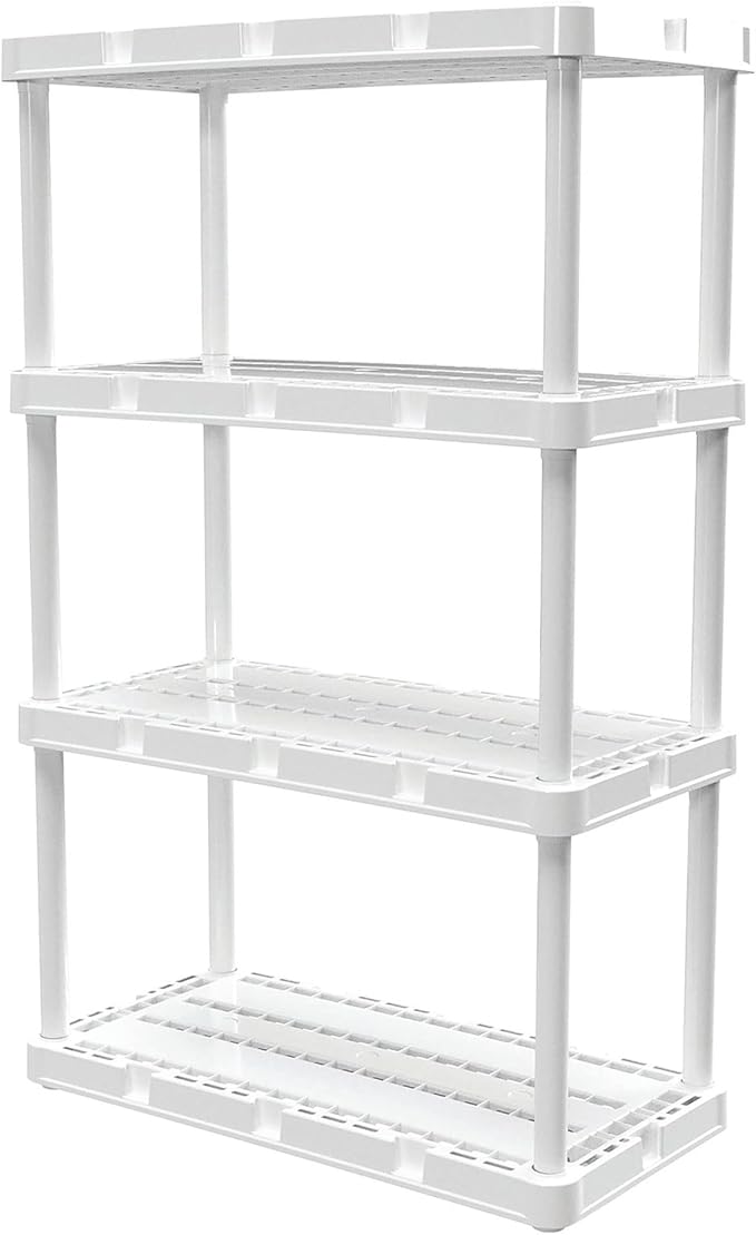 Gracious Living 4 Pack Light Duty Storage Shelves, Knect-A-Shelf 4-Shelf Ventilated Shelving Rack Organizer for Home, Garage, Basement & Laundry, White