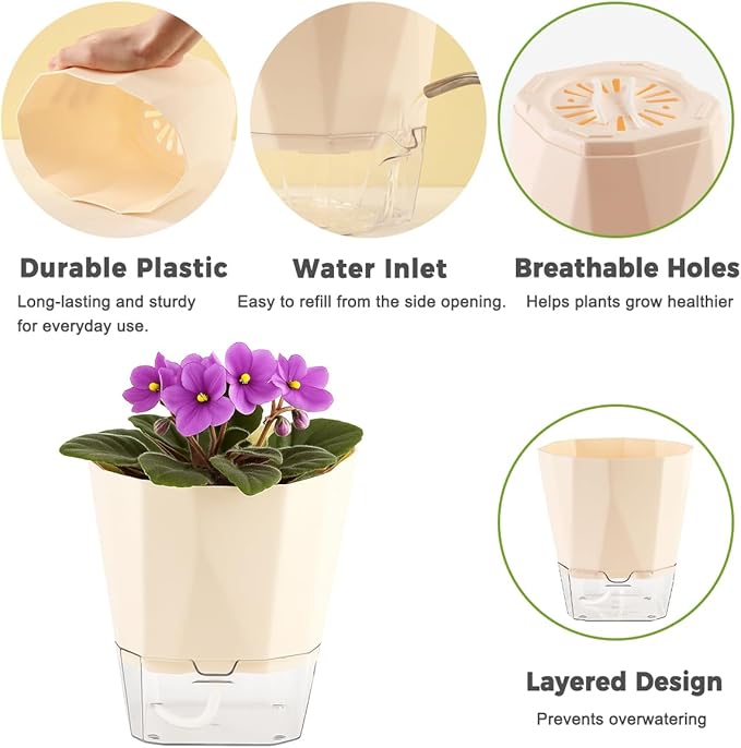 2 Pack Self Watering Pots for Indoor Plants, 8.4" Self Watering Planters Large African Violet Self Watering Clear Pots for Plants Large Herb Orchid Flower Houseplant, Ivory White