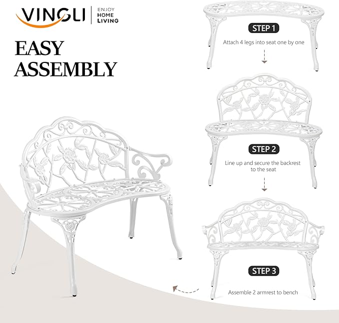 VINGLI 38.5" Patio Park Garden Outdoor Metal Rose Bench, 2-Person Cast Iron Cast Aluminium Frame Antique Finish Chair,Accented Lawn Front Porch Path Yard Decor Deck Furniture (White, Rose)