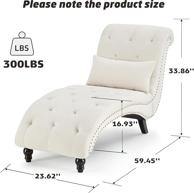 Tufted Soft Chaise Lounge Indoor, Linen Rivets Chaise Lounge Chair for Bedroom Living Room, Armless Upholstered Chaise Couch Chair with Square Cushions and Solid Wood Legs, Beige