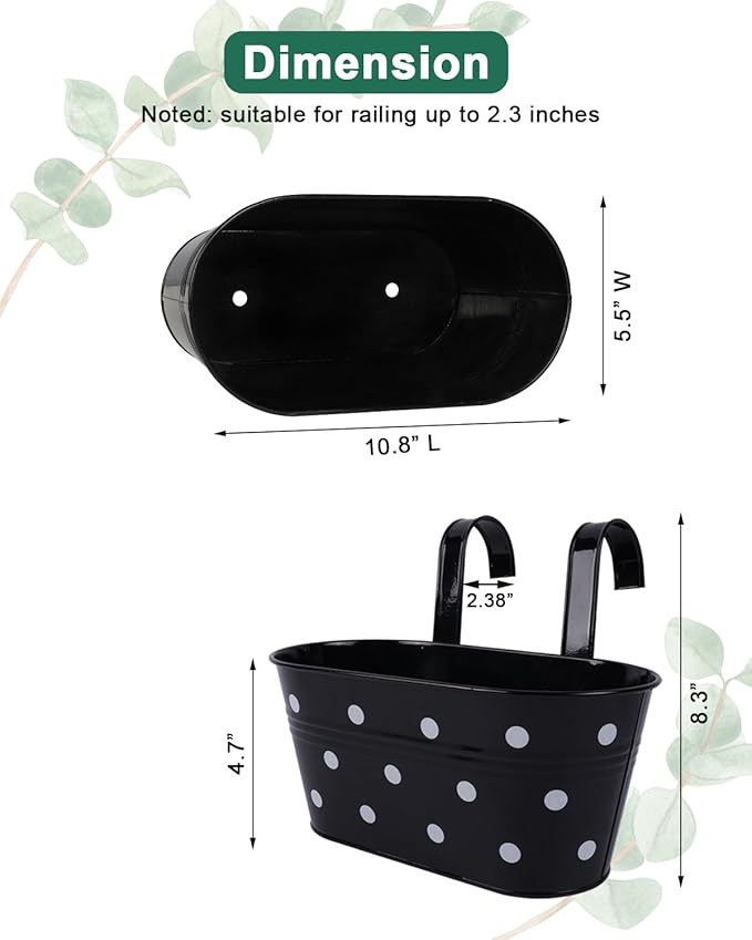 Metal Railing Planters for Outdoor Plants - 3 Pcs Balcony Hanging Flower Pots with Detachable Hooks & Drain Holes, Windowsill Oval Hanging Buckets Fence Planters for Garden Home Decor, Black with Dot