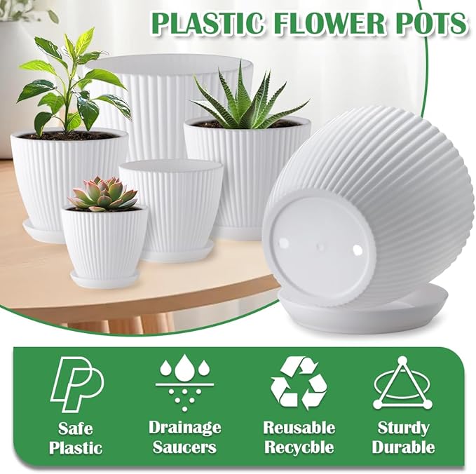 7.5/6.5/5.5/4.9/4.2/3.5 Inch Plant Pots with Drainage Holes and Saucer, Plastic Flower Pots for Indoor Plants, Lightweight Planter Pots for Plants, White