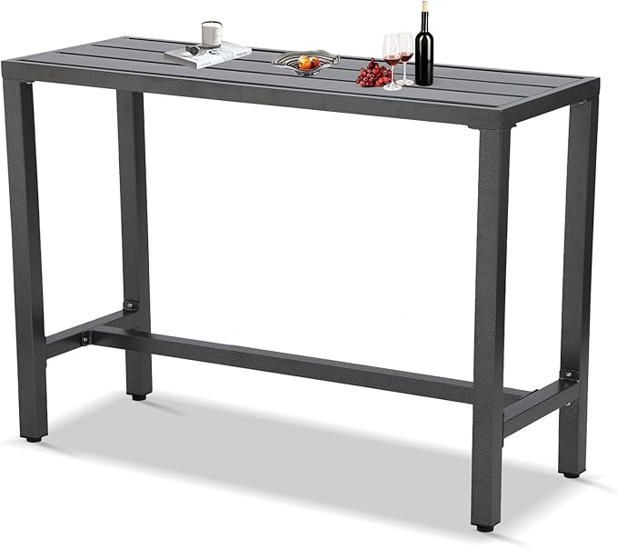 Outdoor Bar Table, Patio Console Pub Height Tables with Powder Coated Steel Frame, Weather Resistant Waterproof Top for Hot Tub, Balcony, Garden, Yard, Poolside (63" Bar Table, Grey)