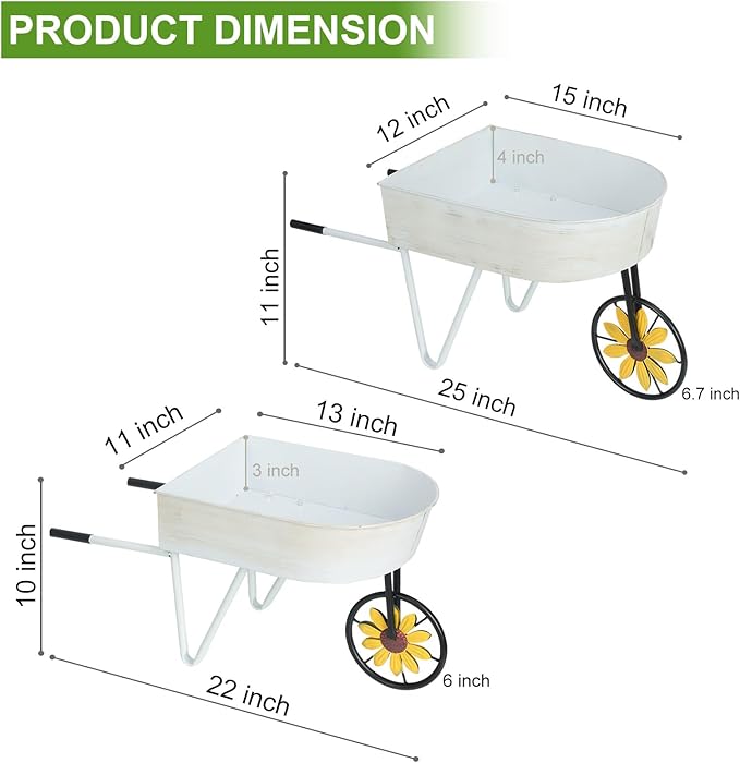 BAYN Metal Wheelbarrow Flower Cart Planter, 2 Packs Plant Stands with Triangular Support Handles Non-Rolling Wheel Vintage Wagon Planter Pots for Home Patio Garden Backyard Rustic Outdoor Decor