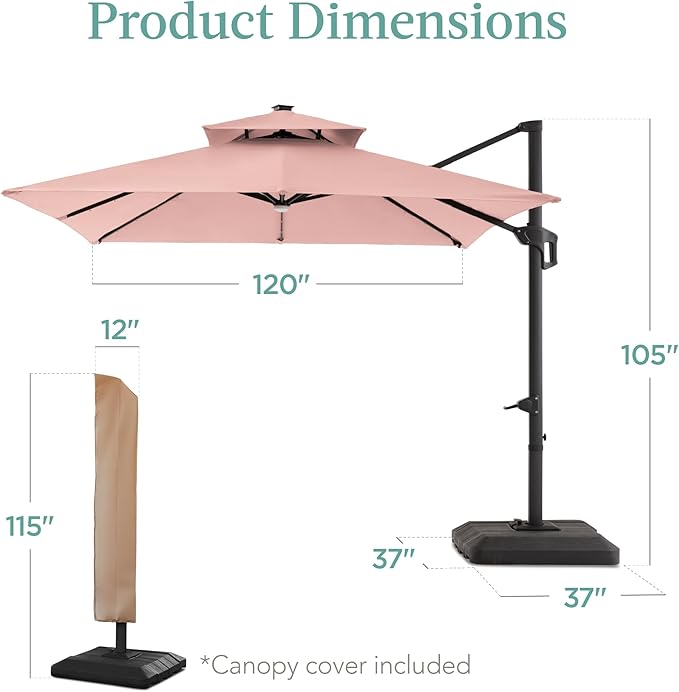 Best Choice Products 10x10ft Cantilever Patio Umbrella w/Base Included, Solar LED Lights 360 Rotation Large Offset Hanging Outdoor Shade for Deck Pool Backyard w/Stand – Rose Quartz