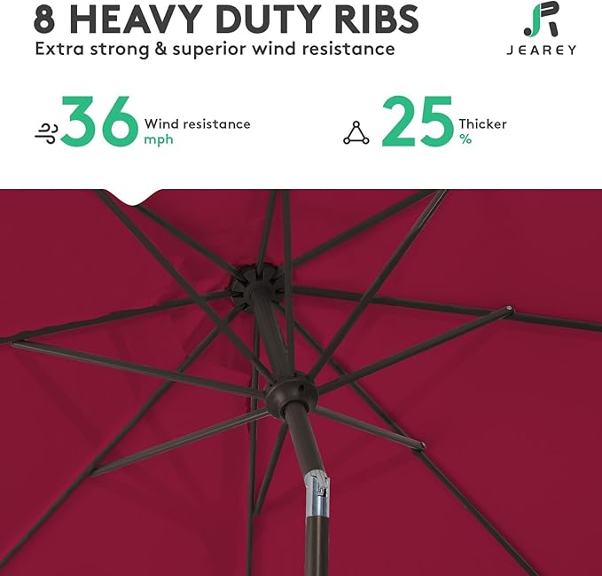 JEAREY 9FT Outdoor Patio Umbrella Outdoor Table Umbrella with Push Button Tilt and Crank, Market Umbrella 8 Sturdy Ribs UV Protection Waterproof for Garden, Deck, Backyard, Pool (Brick Red)