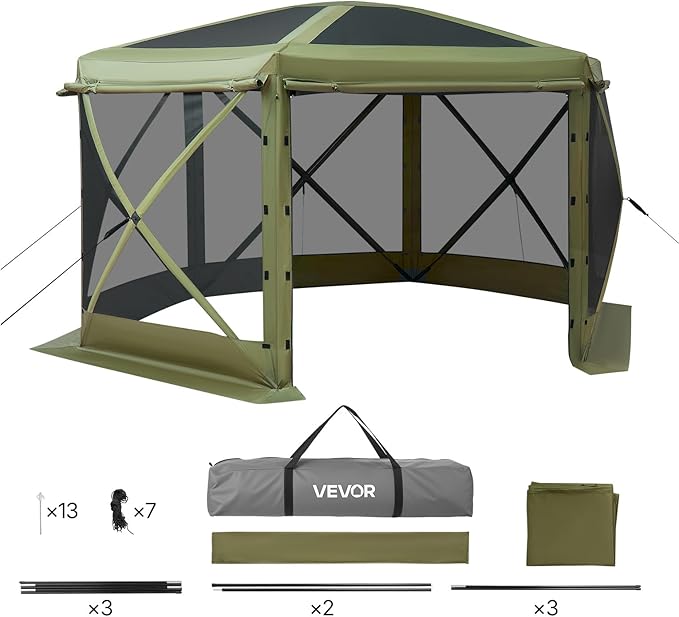 VEVOR Pop up Gazebo Screen Tent, 10 x 10 ft Large 6-Sided Camping Canopy Tent with Removable Top & Carry Bag, Quick-Set & Bite-Proof, Screen House Sun Shelter for 6-8 Persons Backyard Patio, Green