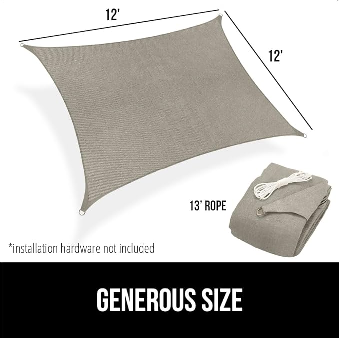 GORILLA GRIP Heavy Duty Sun Shade, UV Protection Fade Tear and Rust Resistant Rectangle Sunshade Canopy, Curved Edges Blocks Sunlight, Breathable Sail, Outdoor Patio, Lawn Garden 12x12 FT Gray